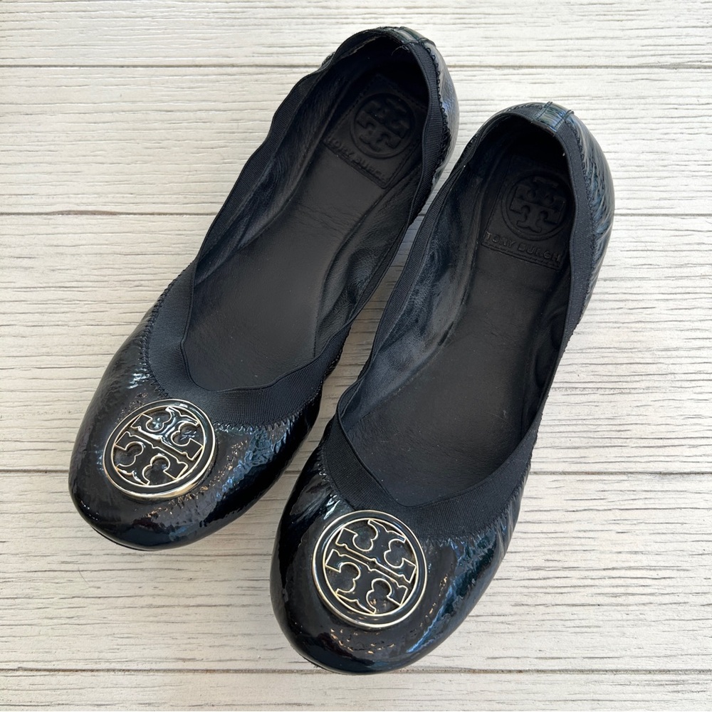 Tory Burch Caroline Ballet Flats Black Patent Leather Elastic Size 8